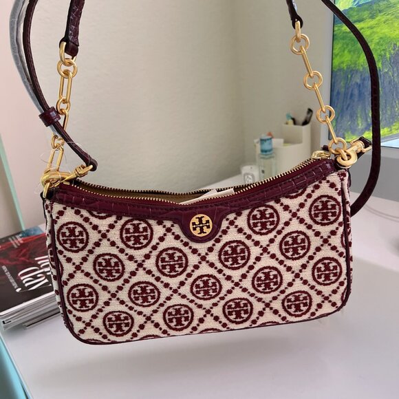 tory burch monogram chenille studio shoulder crossbody bag 86553 claret - Picture 5 of 6